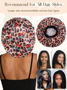 Leopard Print & Cherry Blossom Satin Sleeping Cap - Anti-Static Silk Sleeping Cap With Loose Elastic Band, Large Size For Night Hair Care Coverage And Natural Hair Texture - Yellow - View 4