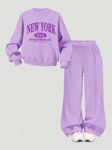 Young Girl Letter Print Crew Neck Sweatshirt And Sports Pants Casual Suit - Purple - View 2