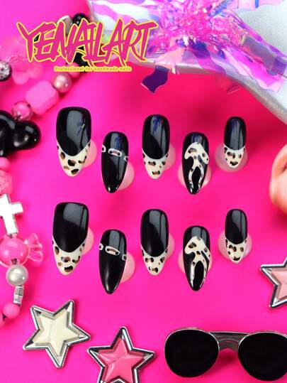 Bộ 10 móng giả hình hạnh nhân, kiểu Pháp, đen trắng, họa tiết da báo, sứa, phong cách Y2K vui nhộn, móng giả acrylic phủ toàn bộ, thích hợp cho tiệc tùng, đám cưới và sử dụng hàng ngày. Bao gồm 1 dũa móng mini và 1 dụng cụ đánh bóng móng bằng gel.