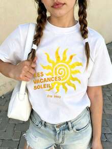 Women's Les Vacances Soleil 1992 Sunshine Pattern Casual Loose Round Neck White Short Sleeve T-Shirt, Beach Holiday Top SummerBreathable and comforte - Blanco - Ver 3