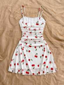 Vestido de tirantes de malla con estampado floral azul y blanco para vacaciones de verano de mujer - Rojo y blanco - Ver 2