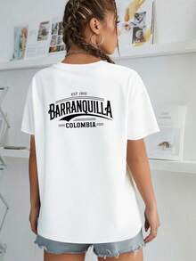 Women's Travel T-Shirt With Colombian Culture Motifs From Barranquilla - Casual Short-Sleeved Round Neck T-Shirt, Printed With The Colors Of The Colombian Flag And A Map Of Barranquilla - Commemorative Latin-Inspired Short-Sleeved T-Shirt. - 白色 - 查看 7