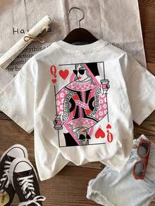 Camiseta de Verano de Alta Gama para Mujer, Estampada, Estilo y2k, Personalidad, Moda, Algodón Puro, Camiseta Holgada de Manga Corta, Top Elegante, Estilo Urbano Americano, Cómoda, Cuello Redondo, Casual Diario, Transpirable, Estilo Dulce y Fresco, Estilo Vintage, Estampado Creativo de Corazón de Póker, Atuendo de Verano, Regalo para Deportes al Aire Libre - Blanco - Ver 3