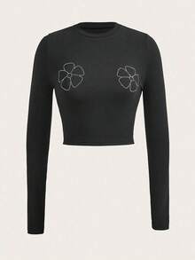 Camiseta corta casual con estampado floral para mujeres, primavera y otoño - Negro - Ver 7