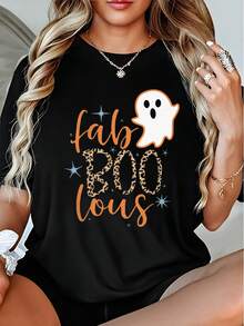 Women's Halloween T-Shirt 100% Cotton - Round Neck T-Shirt With "Boo" Lettering And Bat Print, With Star Design, Beige And Orange Color, Ideal For Casual Autumn Parties, Soft T-Shirt Suitable For All Seasons, Ideal For Parties And Casual Wear (Designed By Fab Boo Lous) - 100% Cotton T-Shirt, Breathable For Casual Daily Wear. - 黑色 - 查看 1