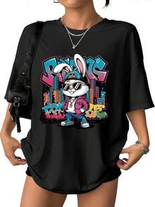 Men's And Women's Casual Cotton T-Shirt, New Spring/Summer Collection, With A Rabbit-Hop And Urban Graffiti Print, Soft And Comfortable Fabric, Casual And Versatile, Summer Wear, Great As A Gift, Available At A Local Store. FIBL - 白色 - 查看 11