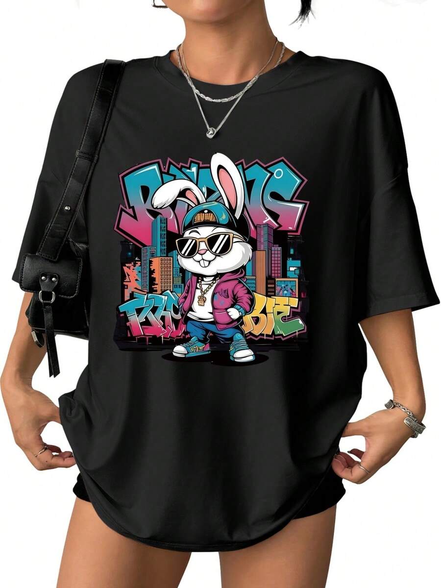 Men's And Women's Casual Cotton T-Shirt, New Spring/Summer Collection, With A Rabbit-Hop And Urban Graffiti Print, Soft And Comfortable Fabric, Casual And Versatile, Summer Wear, Great As A Gift, Available At A Local Store. FIBL - 黑色 - 查看 1