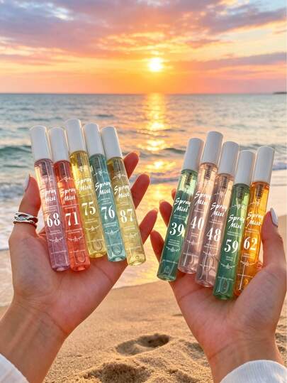 10ml Brazil Fragrance Mist With Gift Box, Featuring Beach-Inspired Scents Of Coconut, Vanilla, Jasmine And Pistachio. Natural, Long-Lasting Freshness. Summer Air Freshener. Portable Design For Closet, Bathroom, Car And Travel. Suitable For Valentine's Day, Mother's Day, Wedding And Other Occasions.