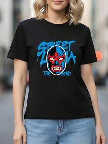 Women's T-Shirt With Vintage Mexican Wrestling Mask Design And Street Legend Pattern, Black Short-Sleeved T-Shirt For Women, With Striking Blue Graffiti Fonts And Motifs Of Professional Wrestling Culture, Casual Top Suitable For Modern Urban Fashion And Everyday Street Wear. - 黑色 - 查看 4
