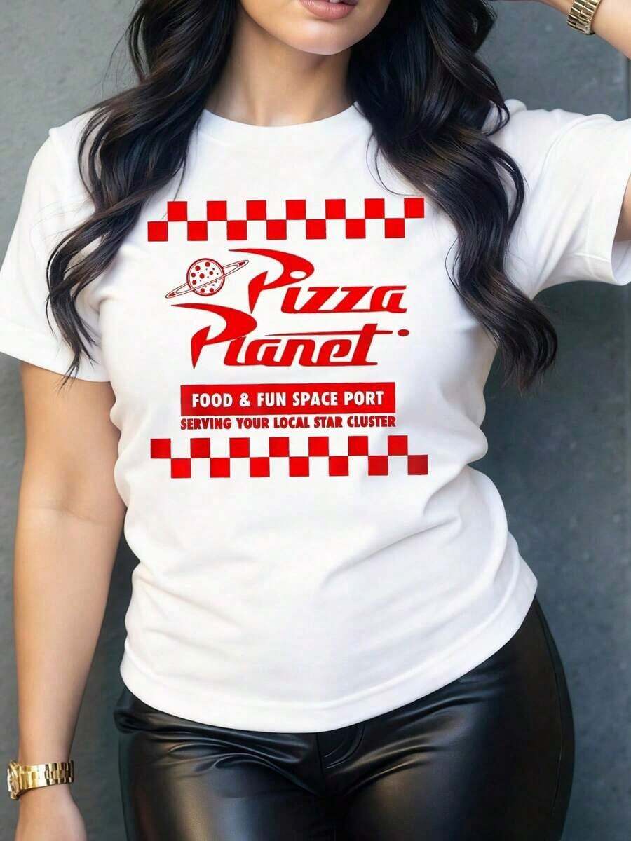 Women's T-Shirt With A Fun Pizza Planet Print, An Original And Modern Design, Ideal For A Casual And Stylish Look. Made From Soft Cotton For Maximum Comfort. Perfect For Everyday Wear Or A Pizza Night With Friends. - Vintage Street Style Unisex Cotton Short Sleeve Crew Neck T-Shirt - 白色的 - 查看 1