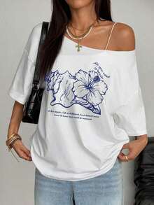 Y2K Style, Modern Style, The Newest Of 2026, Cute Style, Casual Style. Women's Plus Size Summer Loose Fit Asymmetric Neckline T-Shirt With Orange Fruit Cocktail Print, Y2K Style, 180g (Sizes S-XXXL). - 白色 3 - 查看 3