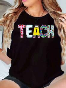 Camiseta Blanca de Cuello Redondo para Mujer con Estampado de Letras "TEACH" Coloridas y Patrón de Lunares, Ropa Casual para Maestras, Blusa, Camisa > Hermosa. - Blanco - Ver 6