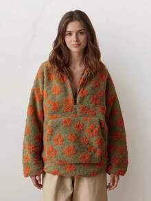 Women's Long-Sleeved  Jacket With Floral Design And Loose Fit - Green - View 4