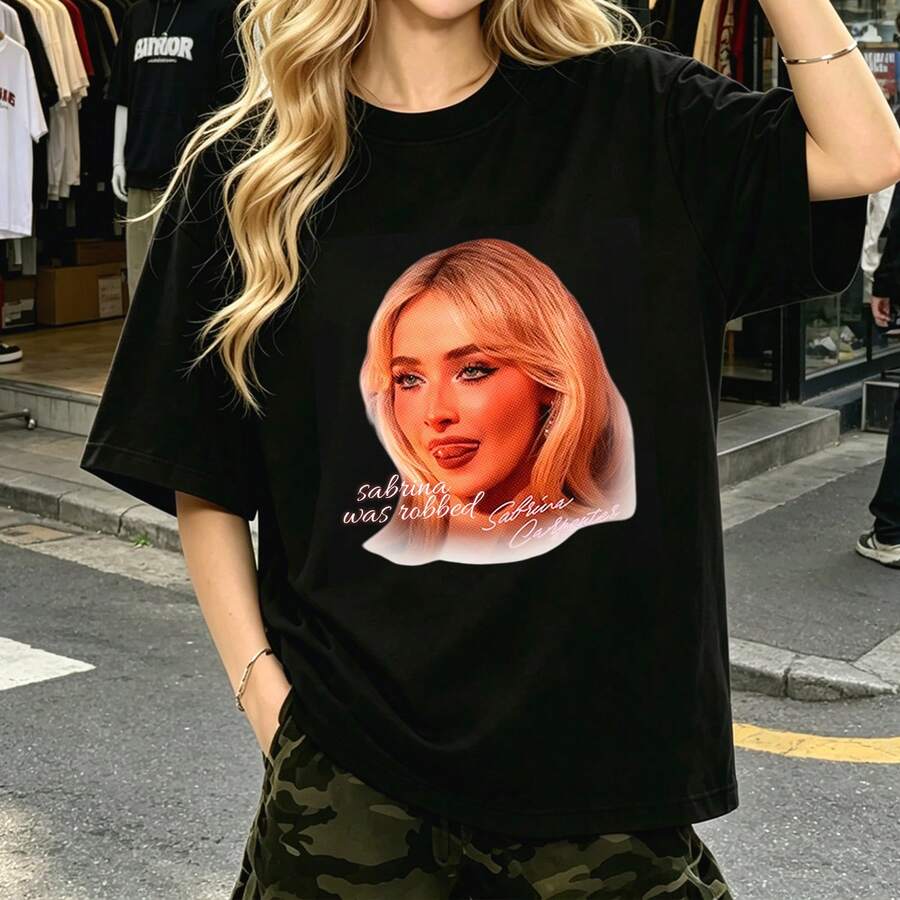 Sabrina Inspired Graphic T-Shirt, Unisex Retro Pop Style Graphic Print, Short Sleeves, Breathable, For Going Out And Concerts - Black - View 1