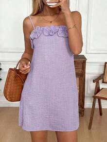 Vestido camisero casual de vacaciones para mujer con decoración bordada de flores 3D - Morado - Ver 3