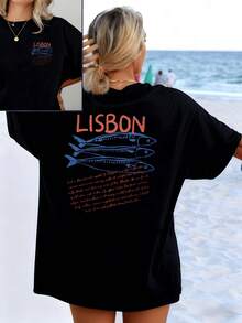 Lisbon And Its Sardines Symbolize The Joy Of The Sea, The Connection With Atlantic Culture, And The Free Spirit Of Those Who Enjoy Summer With Freshness And Charm. Women's Double-Print Casual T-Shirt For Everyday Wear, Beach, And Strolls. - 黑色 - 查看 8