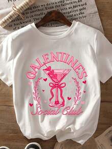 Valentine's Day Print T-Shirt, Casual Short Sleeve Round Neck Top For Spring And Summer, Women's Clothing - Hitam - View 1
