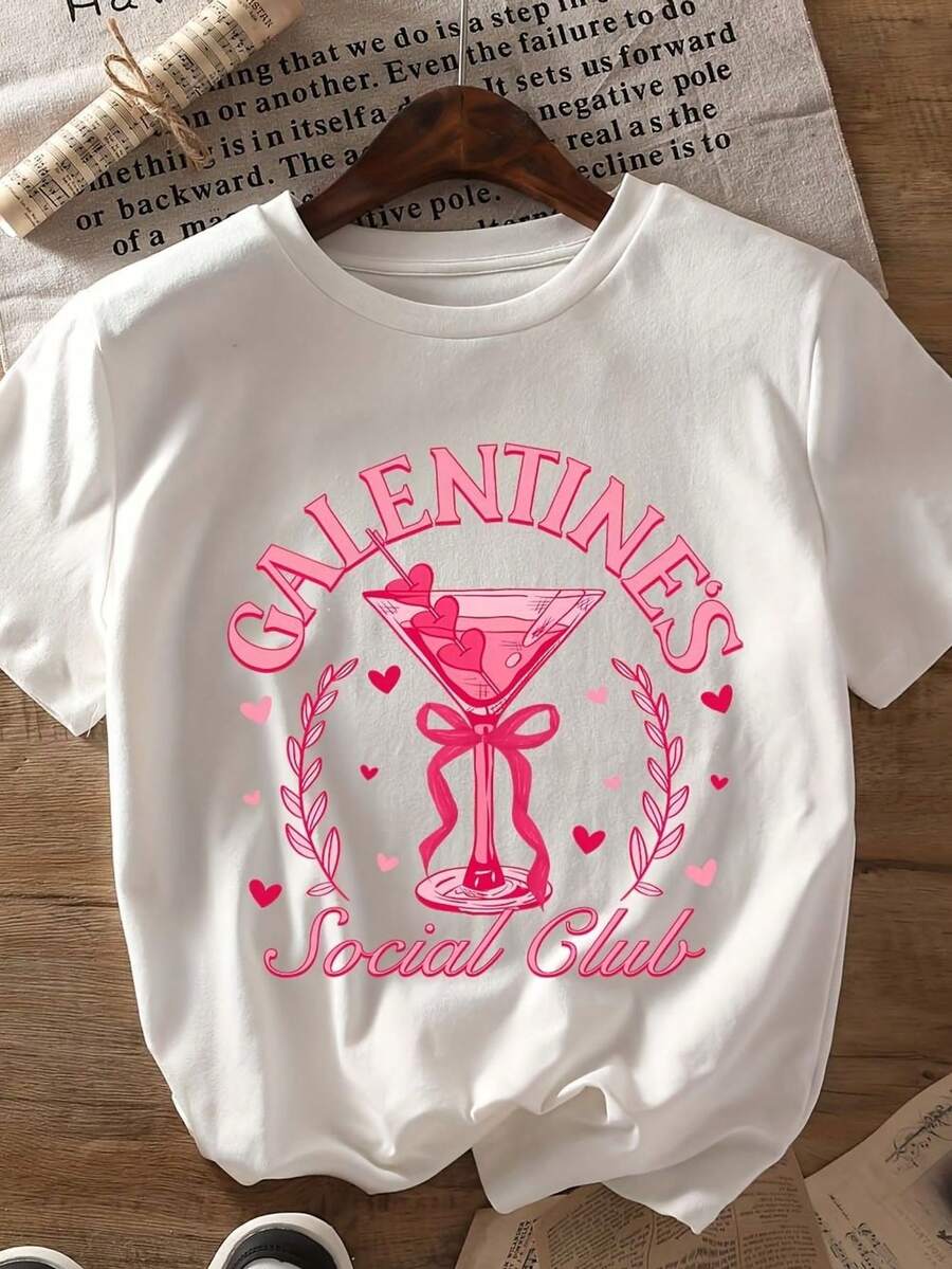 Valentine's Day Print T-Shirt, Casual Short Sleeve Round Neck Top For Spring And Summer, Women's Clothing - Hitam - View 1