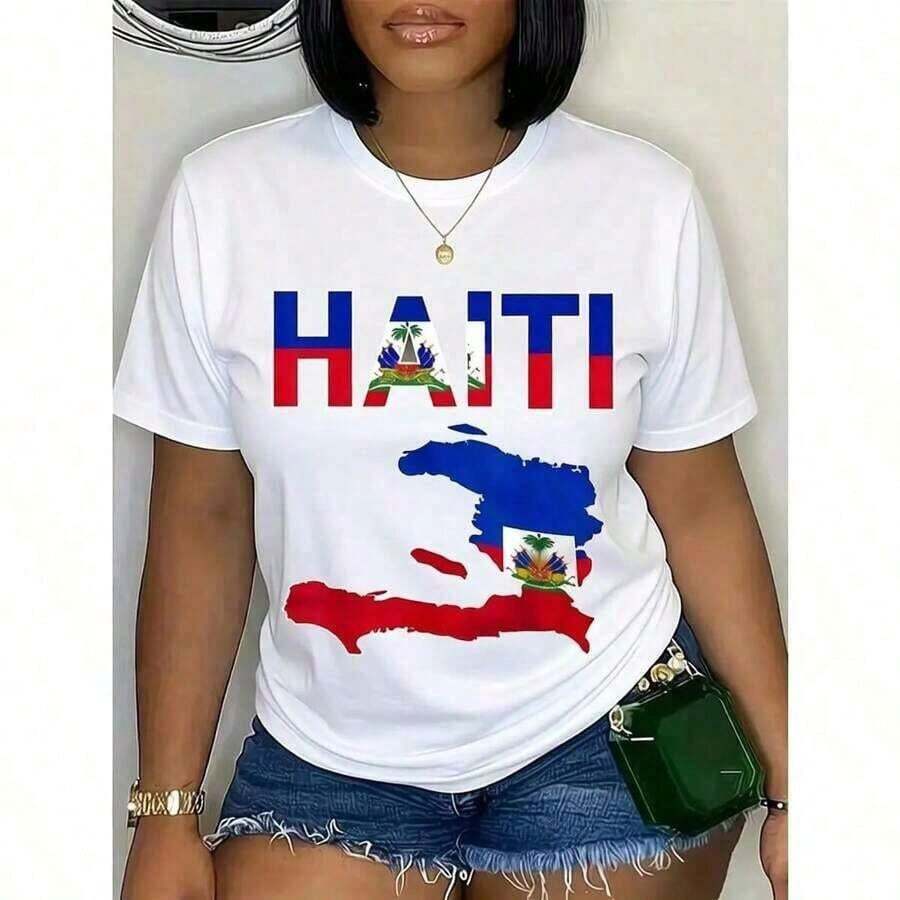 Unisex 100% Cotton T-Shirt With Haitian Flag Print, Map Of Haiti, Haitian Pride, Graphic Tees, Grunge Style, Album 67 Eat Sleep Goon Repeat, 90s Style, Casual, Short Sleeve, Quick Dry, Moisture Wicking, Crew Neck, Vintage In Utero Print, Summer Anime Style, Suitable For Women's Summer Outfits, 100% Pure Cotton. - 白色 - 查看 1
