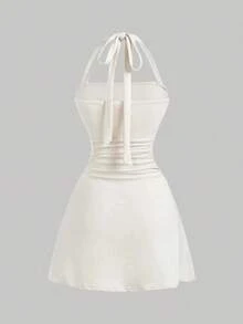 Vestido de línea A sencillo de unicolor para mujer con cintura fruncida y diseño de halter en forma de V - Beis - Ver 2