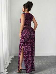 Conjunto de dos piezas de top de tirantes y falda con estampado de leopardo talla grande, sexy pero apropiado para el uso diario y el transporte - Rosa Fucsia - Ver 2