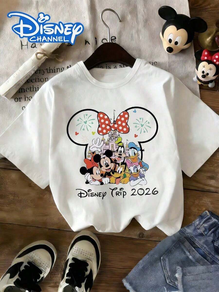 Disney Women's Fashion Short-Sleeved T-Shirt Is Printed With Disney Mickey Mouse Pattern, Which Is Suitable For Daily Leisure And Party. Suitable For Spring And Summer Wear, Machine Washable, Made Of Elastic Fabric, Unisex, Special For Gifts, Tops, Summer Clothes, Holiday Clothes, Summer. - trắng - Xem 1