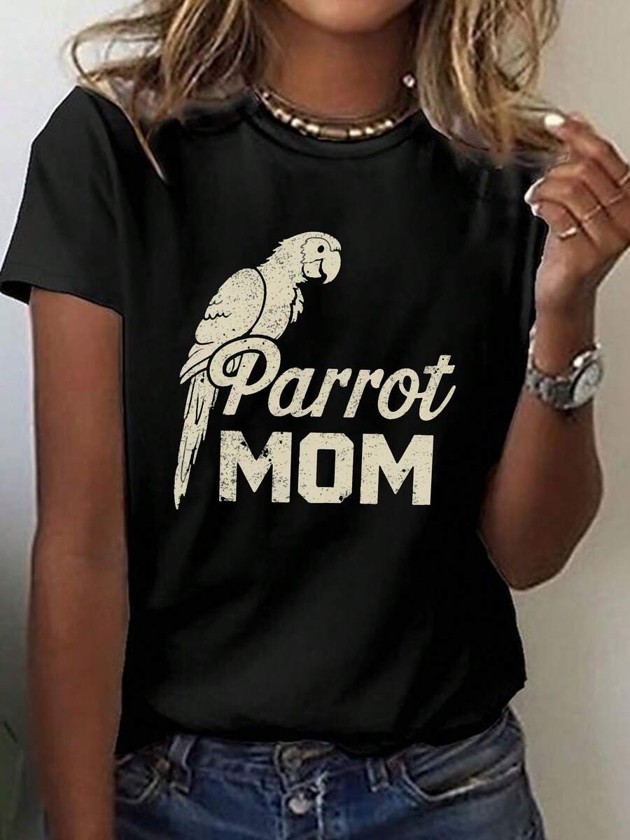 Women's 'Parrot Mom' Graphic T-Shirt - Casual Crew Neck Top With Short Sleeves And Vibrant Parrot Design, Lightweight And Breathable For Spring And Summer, Casual Wear | Playful Print | Lightweight Top - 黑色 - 查看 1