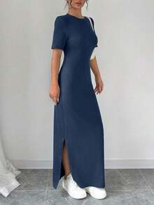 Vestido largo de mujer de manga corta con cuello en V y bajo dividido, de unicolor, vestido maxi elegante de color burdeos, vestido largo ajustado, vestido largo rojo, vestido maxi de manga corta para mujer, vestidos de mujer, vestido largo ajust - Azul marino - Ver 3