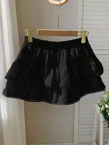 Falda  para mujer, de tela tejida a rayas con cintura elástica y dobladillo con volantes, adecuada para festivales de música country - Negro 2 - Ver 2