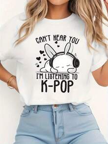 1 pieza No te puedo escuchar porque estoy escuchando K-POP NO TE PUEDO ESCUCHAR ESTOY ESCUCHANDO K-POP Camiseta de cuello redondo para mujer con estampado casual a la moda 180g 100% algodón - Blanco - Ver 7