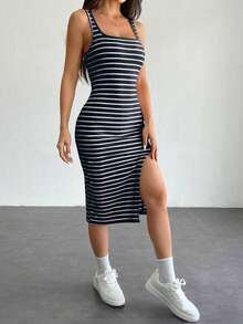 Vestido básico de verano para mujer con tirantes con rayas y abertura lateral - Azul marino - Ver 3