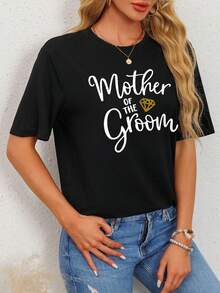 Camiseta gráfica "Madre del Novio" para mujeres, camiseta de cuello redondo casual, 95% poliéster 5% elastano, de manga corta, longitud regular, patrón floral, tela de punto, top para primavera/verano/otoño - Negro - Negro - Ver 2