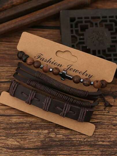 Set de 3 piezas de pulseras trenzadas vintage para hombres y mujeres, brazalete de piel de PU de moda