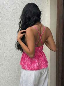 Camiseta sin espalda con volantes y estampado bohemio de verano para mujer - Rosa Fucsia - Ver 2