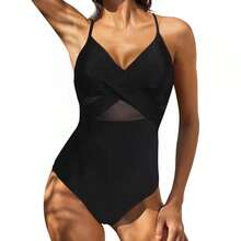 Nuevo traje de baño de una pieza con diseño cruzado, bikini sexy de una pieza con espalda descubierta y detalles de malla para mujer. - Negro - Ver 10