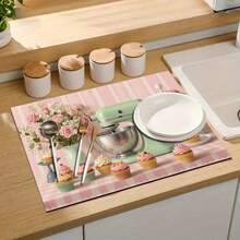 1 pieza Tapete de secado de platos, Tapete para máquina de café, Fondo a rayas rosa con decoración de pastel de color macaron, Patrón floral dulce Tapete absorbente de drenaje, Adecuado para mesa de comedor y cafetería, Almohadilla de drenaje multiusos, Regalo para el hogar, Decoración de escritorio - XYLSD-381 - Ver 9