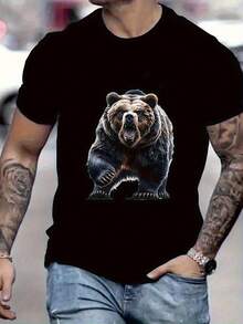 Camiseta Gráfica de Oso Pardo Rugiente para Hombre |   Camiseta Bold Wildlife con estampado realista de oso, cuello redondo, ajuste cómodo para todas las estaciones, camiseta casual de estilo urbano para moda urbana y actividades al aire libre, tela cómoda. - Negro - Ver 6