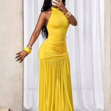 BamGlam Women's Solid Color Pleated Dress With Halter Neck , Beach Vacation Outfits For Women , Vacation Outfits Women  , Holiday Outfits For Women  , Vacation  , Holiday  , Summer Holiday Outfits , Holiday Outfits  , Vacation Outfits For Women Beach Vacation Outfits For Women , Summer , Summer Clothes  , Summer Outfits For Women , Summer Outfits ,  Summer Outfit For Women - Celeste - Ver 8
