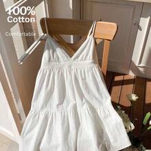 Women's Summer Vacation Casual Cotton And Linen White Hollow Embroidery Patchwork Spaghetti Straps Mini Dress,Summer Dresses For Women,White Dresses For Women - Azul - Ver 8