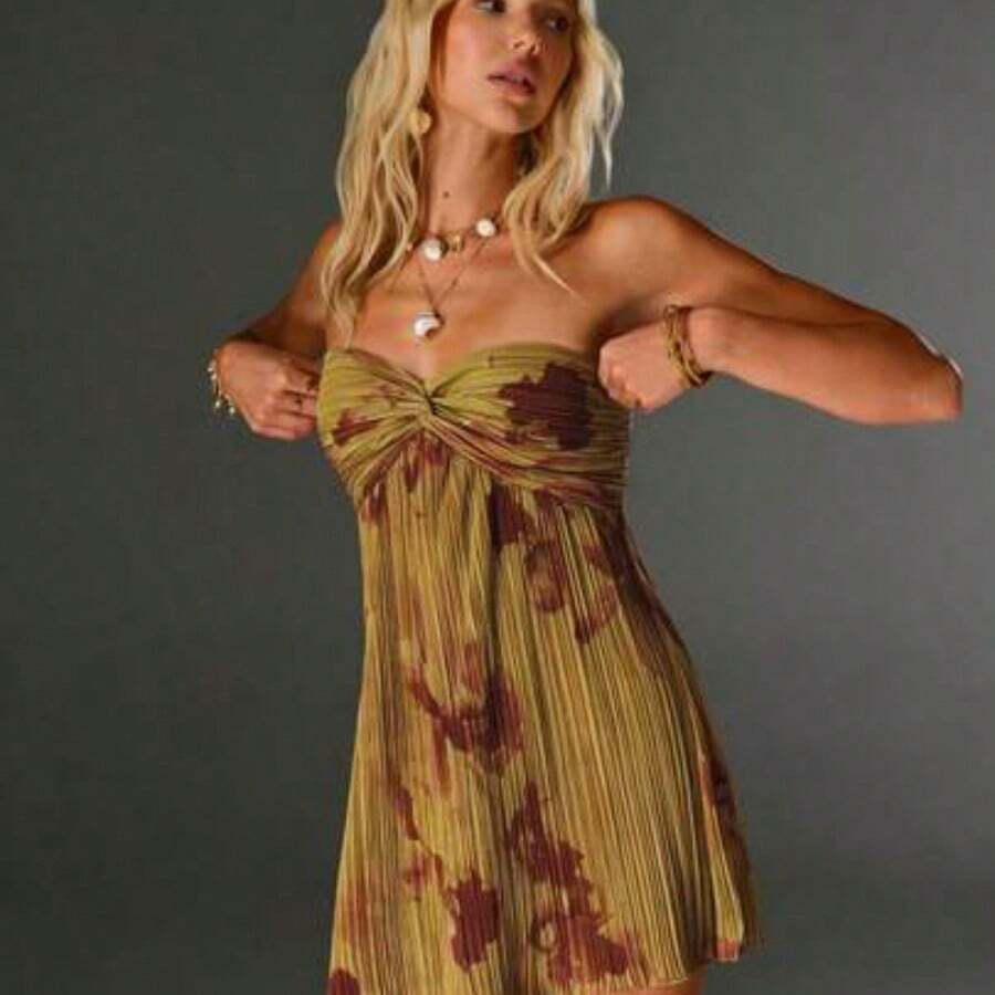 TRNDY Romantic Pleated Floral Print Twist Front Mini Dress, Suitable For Spring/Summer Vacation - Marrón - Ver 1