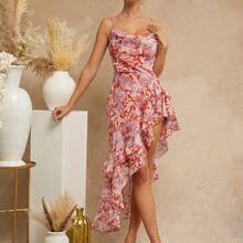 Women's Floral Print Ruffle Trim Asymmetric Hem Elegant Camisole Dress - Negro - Ver 6