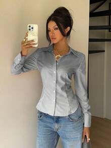 Camisa de manga larga de ajuste ceñido con cintura anudada a rayas rosa, blusa a rayas amarilla para mujer, nueva colección de otoño - Blanco y Negro - Ver 6