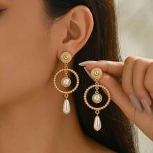 1 Pair Women's Fashion Dangle Earrings, Spring/Summer, Elegant Luxury Style, Vintage French Hollow Round Hoop Earrings With Water Drop Faux Pearl Pendant, Long Dangle Earrings, Suitable For Daily Wear, Party, Gathering, Middle East Wedding Season, Banquet, Date, Mature Elegant, Niche High-End, Versatile Accessory, Fashion Gift For Friends And Girlfriend On Holidays - Golden - View 5