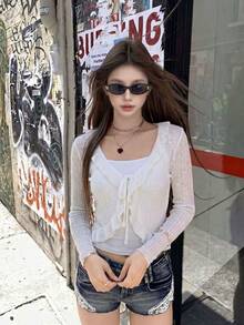 Áo khoác cardigan lụa băng giá kiểu Pháp dành cho nữ, có bèo nhún và thắt nơ phía trước | Áo khoác dệt kim dáng ôm ngắn, thích hợp cho kỳ nghỉ hè và phong cách đường phố. - trắng - Xem 6