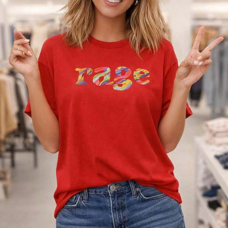Plus Size Women's Short Sleeve Cotton T-Shirt, Loose Fit, Round Neck, Casual Style With Colorful "Rage" Graphic Print, Soft And Breathable, Basic T-Shirt For Everyday Wear, Urban Fashion, Comfortable Plus Size Clothing, Suitable For Spring, Summer And Autumn. - 紅色 - 查看 1