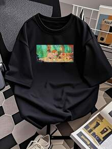 Escena colorida de la selva con un niño aventurero que camina junto a un simpático elefante simbolizando amistad y conexión con la naturaleza inspirando libertad y alegría camiseta de mujer cómoda casual  suave transpirable ideal para uso diario - Negro - Ver 2