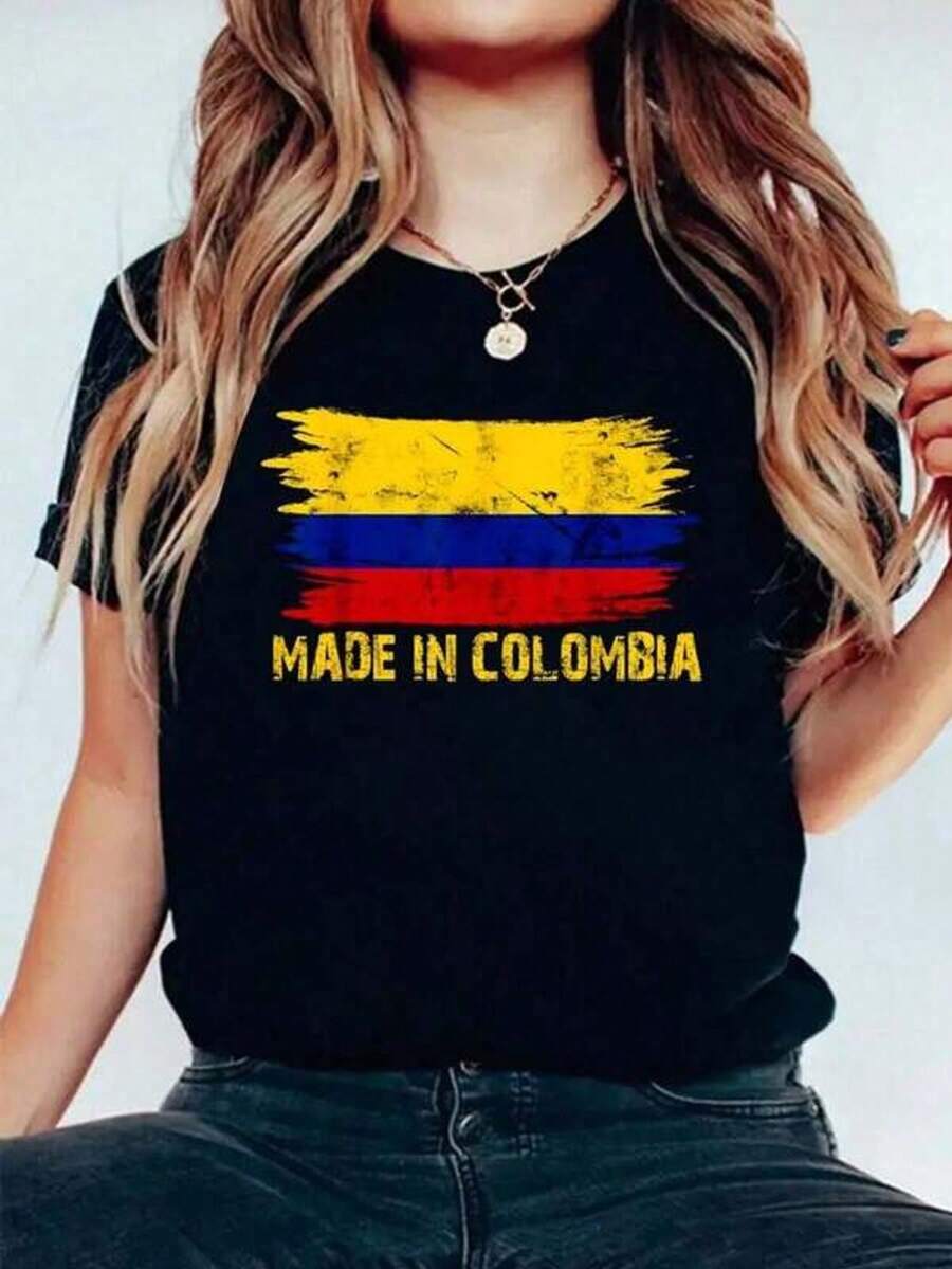 1 pieza Camiseta de Mujer con Estampado de la Bandera de Colombia, Estilo Casual, 100% Algodón, Camisetas de Verano de Manga Corta, Camiseta Gráfica para Mujer, 180g 100% Algodón