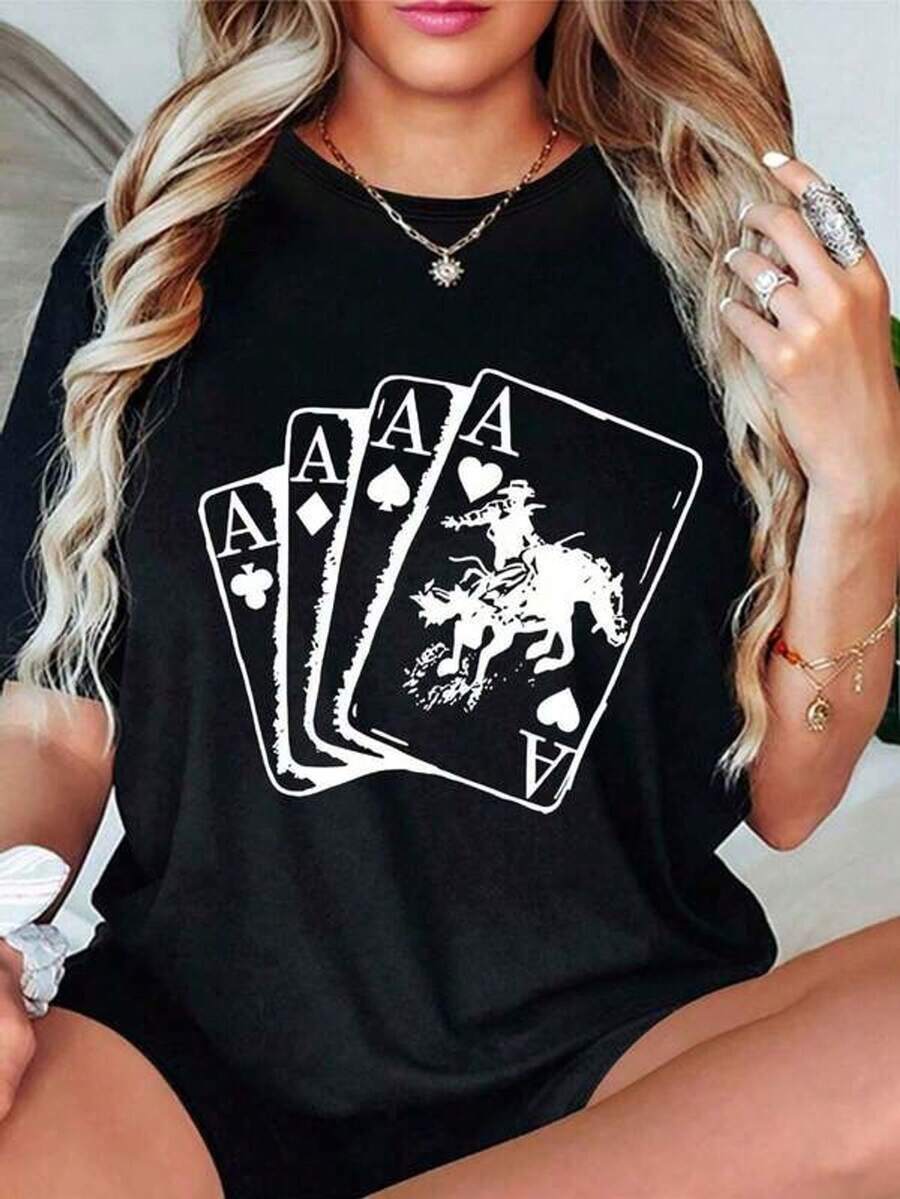 1 pieza de camiseta de algodón 100% con estampado de póker de cuatro cartas con diamantes negros, cuello redondo, manga corta, informal, para todas las estaciones, ropa de mujer, 180g 100% algodón.