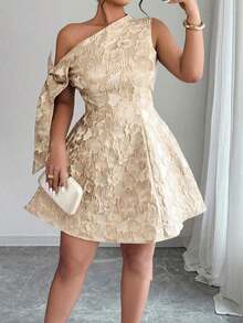 Vestido mini asimétrico de hombro con cintura recogida, decoración de lazo y tela jacquard, elegante para fiesta/cita, primavera/verano - Albaricoque - Ver 5