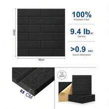12-Pack Acoustic Panels – Self-Adhesive Brick Design | High-Density Polyester For Studio-Grade Soundproofing | Fireproof & -Friendly | Easy Peel-And-Stick Installation – Perfect For Home Studios, Offices & Gaming Rooms - Black - View 5